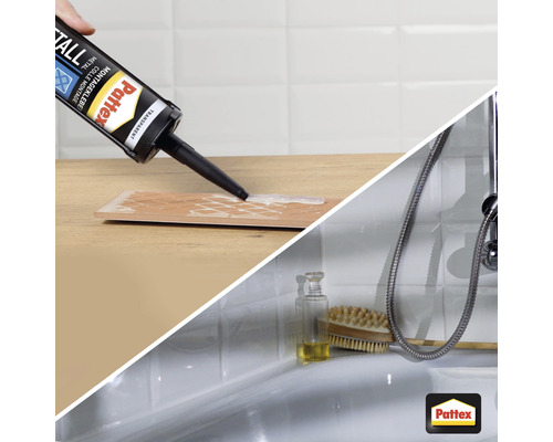 Application de colle de montage transparente sur un carreau et scène de salle de bains avec le logo Pattex