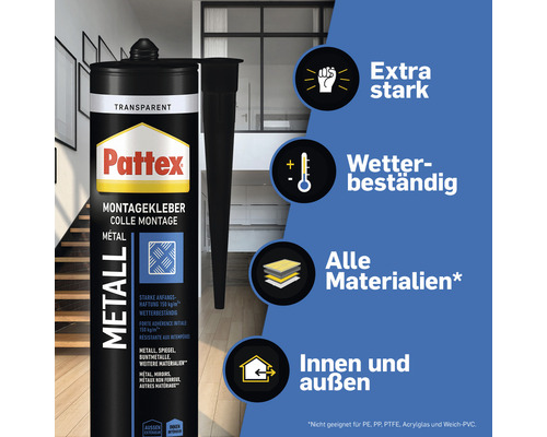 Colle de montage Pattex Métal pour une adhérence extra forte et des collages résistants aux intempéries à l''intérieur et à l''extérieur.