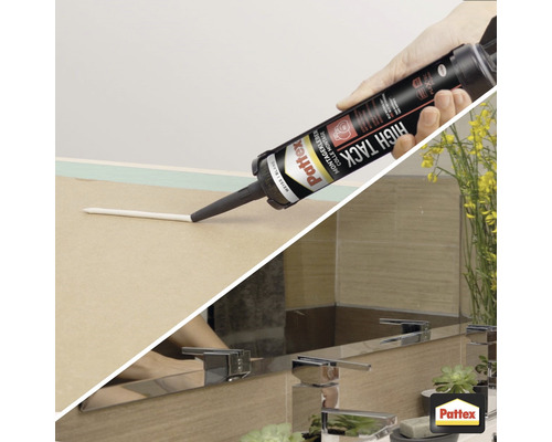 Application de la colle de montage Pattex High Tack sur des surfaces dans la salle de bain
