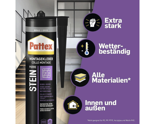Colle de montage Pattex pour pierre, convient pour l''intérieur et l''extérieur