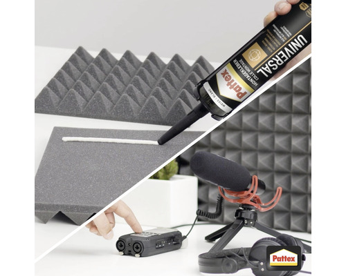 Montage de panneaux en mousse acoustique avec de la colle de montage, microphone et casque en studio.