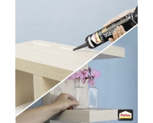 Application d''adhésif de montage sur une étagère en bois avec le logo Pattex