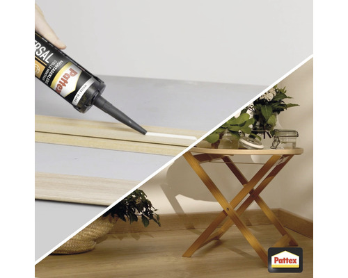 Application de colle de montage et idées d''aménagement pour une maison. Logo Pattex.