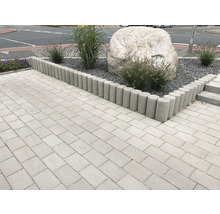 Gestalteter Aussenbereich mit Pflastersteinen, Rasenkanten und Pflanzen