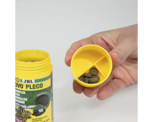 JBL Novo Pleco comprimés d''alimentation, boîte avec couvercle ouvert et contenu