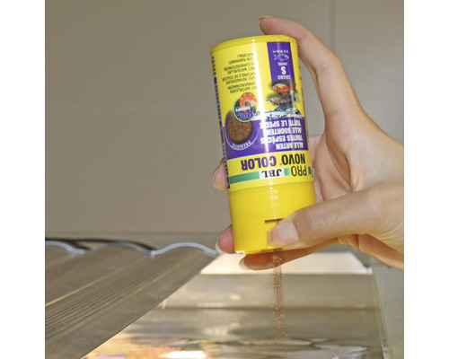 Aliment pour poissons JBL Novo Color versé dans un aquarium