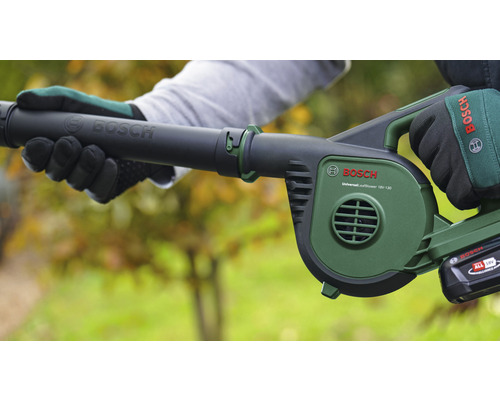 Une personne tient un souffleur de feuilles à batterie de la marque Bosch.