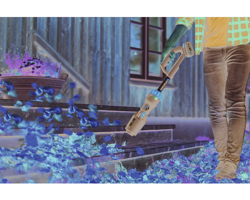 Une personne utilise un aspirateur à feuilles sans fil pour enlever les feuilles d''un escalier.