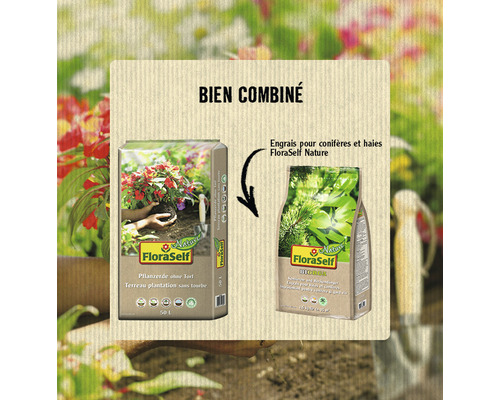 Terreau FloraSelf et engrais pour conifères et haies FloraSelf