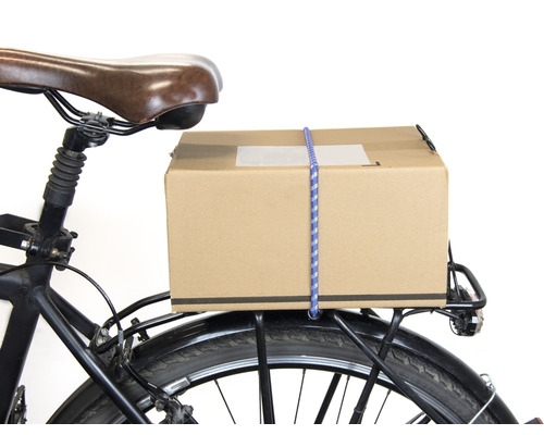 Paquet fixé sur un porte-bagages de vélo avec un tendeur.