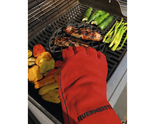 Barbecue avec gant de barbecue, viande, courgette, asperges et poivrons