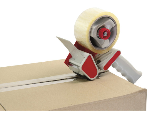 Distributeur de ruban adhésif en cours d''utilisation sur un carton