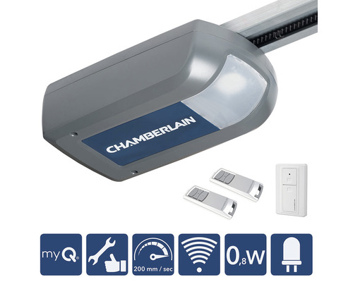 Opérateur de porte de garage Chamberlain avec deux télécommandes et un interrupteur mural