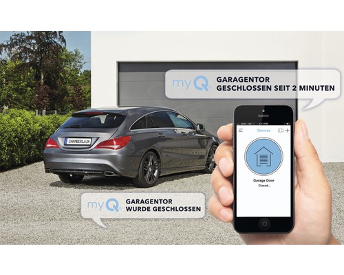 Application smartphone pour contrôler une porte de garage avec une voiture devant le garage