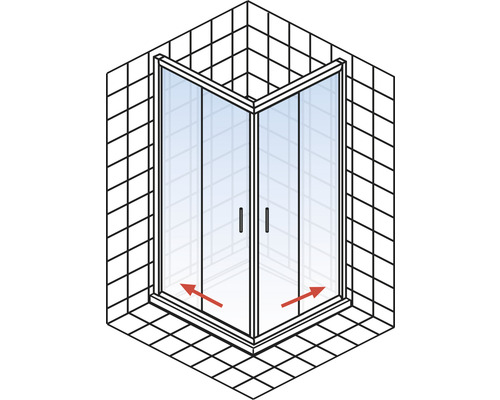 Eckdusche mit Schiebetüren in einem Badezimmer mit Fliesen