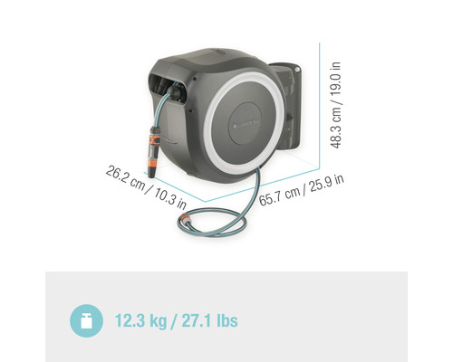 Dévidoir mural Gardena avec tuyau d''arrosage et dimensions