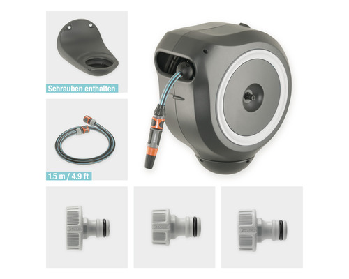 Dévidoir mural Gardena avec tuyau d''arrosage, support mural, jeu de raccordement et vis