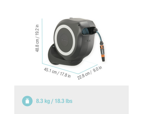 Dévidoir mural Gardena RollUp avec tuyau d''arrosage et dimensions