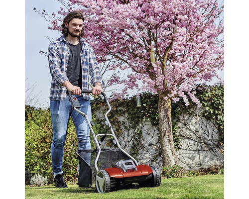 Eine Person benutzt einen Rasenlüfter im Garten vor einem blühenden Baum.