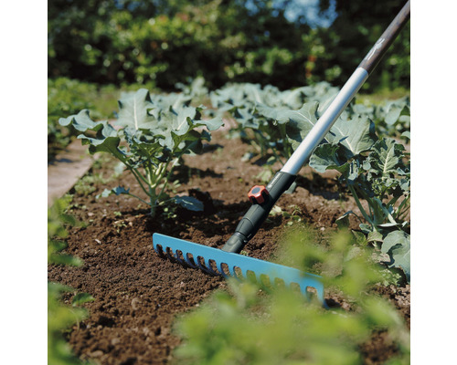 Scène de jardin avec râteau pour ameublir le sol