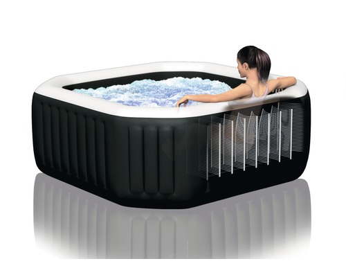 Aufblasbarer Whirlpool mit Frau im Wasser und grafischer Darstellung des Aufbaus