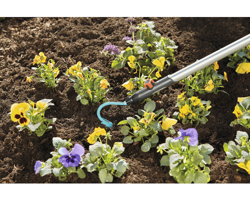 Jardin avec des violettes et désherbeur Gardena