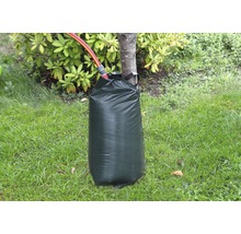 Baumbewässerungssack am Baum mit Wasserschlauch im Garten.