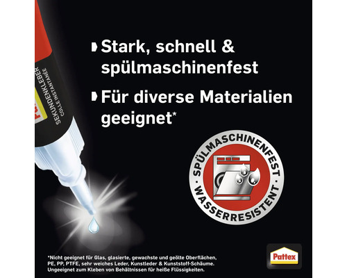 Sekundenkleber mit den Eigenschaften stark, schnell und spülmaschinenfest
