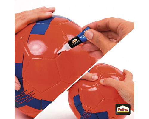 Person repariert einen Fussball mit Pattex Sekundenkleber Gel