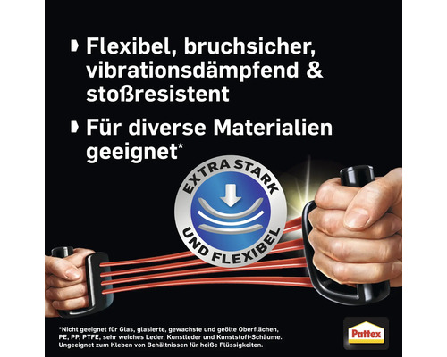 Produktbild, das die Flexibilität, Bruchfestigkeit, Vibrationsdämpfung und Stoßfestigkeit des Produkts hervorhebt. Geeignet für verschiedene Materialien. Pattex Logo.