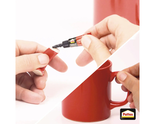 Reparatur einer roten Tasse mit Pattex Flüssigkleber