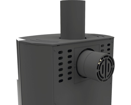 Detailansicht eines Kaminofens mit Rauchrohranschluss und Luftzufuhr