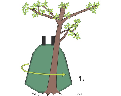 Illustration d''une collerette de protection pour arbres avec des instructions de fixation autour d''un tronc d''arbre