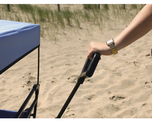 Une personne tire un chariot sur la plage.