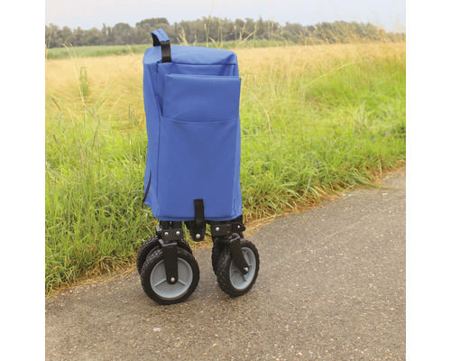 Chariot bleu avec quatre roues sur une route