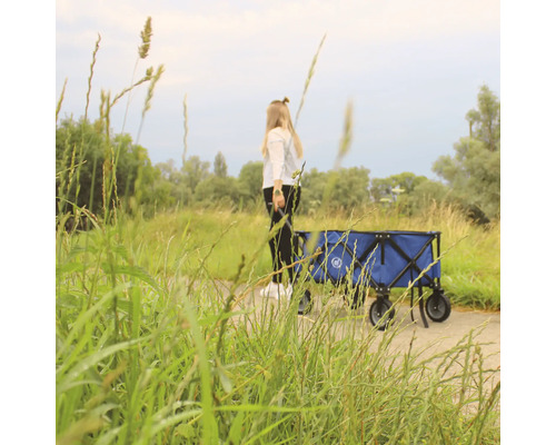 Une femme tire un chariot bleu à travers un champ.
