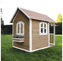 Maisonnette en bois avec fenêtres et jardinière dans le jardin