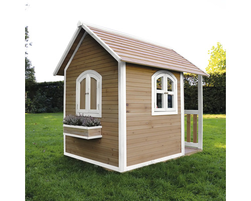 Maisonnette en bois avec fenêtres et jardinière dans le jardin