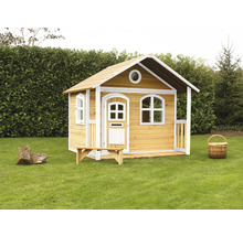 Maisonnette en bois avec banc et véranda dans le jardin