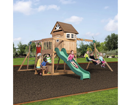 Aire de jeux avec toboggan, balançoire et cabane pour enfants