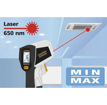 Thermomètre infrarouge Laserliner ThermoSpot Pocket avec pointeur laser dirigé vers un ventilateur de plafond