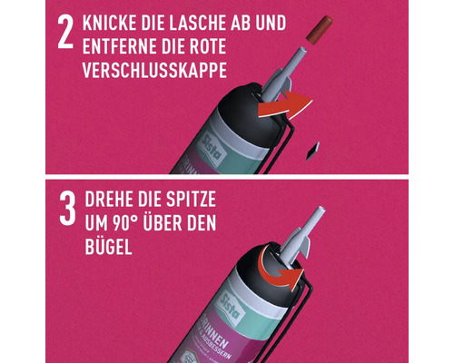 "Anleitung: Lasche abknicken und Verschlusskappe entfernen