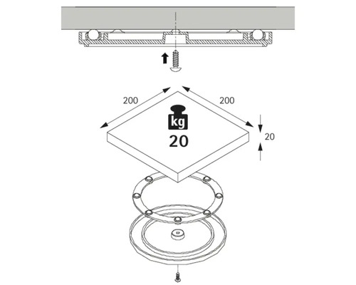 Vue éclatée du socle tournant avec une capacité de charge maximale de 20 kilogrammes et une longueur de côté de 200 millimètres.