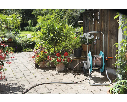 Gartenszene mit Schlauchwagen, Pflanzen und Steinweg