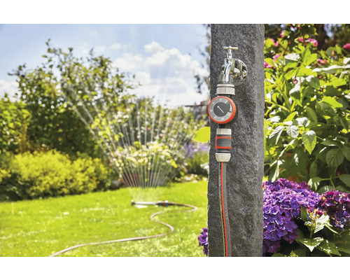 Système d''irrigation de jardin avec robinet, programmateur d''arrosage et tuyau d''arrosage dans le jardin