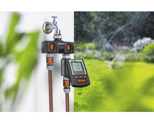 Distributeur d''eau automatique Gardena avec programmateur d''arrosage en utilisation