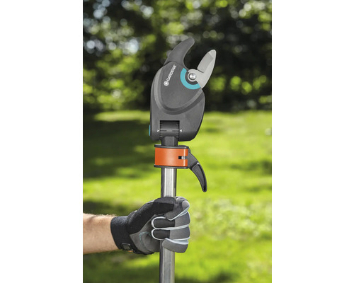 Gartenschere mit Teleskopstiel in der Hand