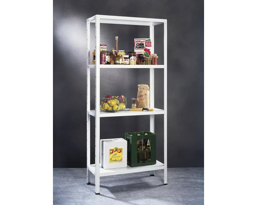 Étagère blanche avec quatre tablettes et des aliments