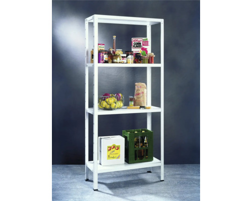 Weisses Metallregal mit vier Ebenen und diversen Lebensmitteln zur Lagerung