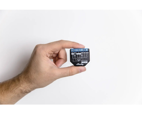 Eine Hand hält einen Shelly Smart Home Schalter.